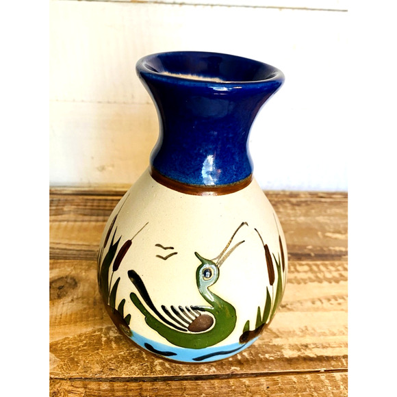 Vintage Hand Painted Stoneware Tonala Mexican Folk Pottery Vase Bird Cattails - Picture 9 of 9